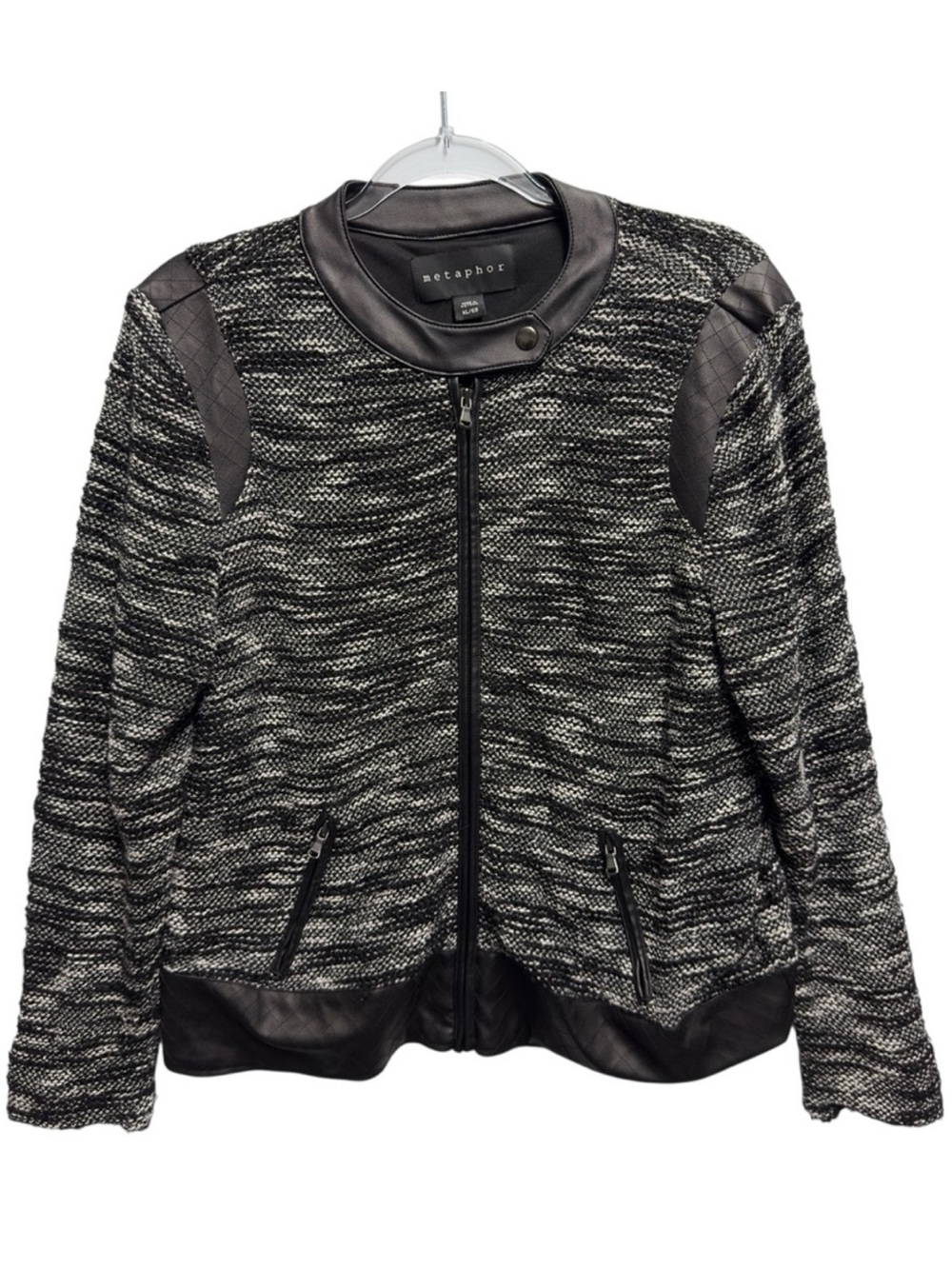 Cotton Knit Vegan Leather Boucle Tweed Knit Moto Jacket Coat